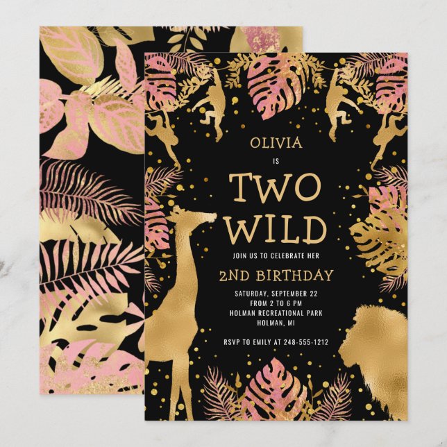 Invitation Girls Two Wild 2e Anniversaire Pink Black Safari (Devant / Derrière)