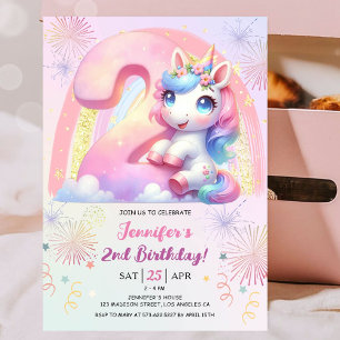 Invitation Girls Unicorn Magical Rainbow 2nd Birthday Party