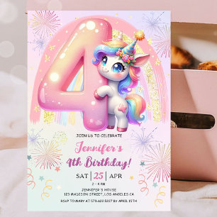 Invitation Girls Unicorn Magical Rainbow 4th Birthday Party