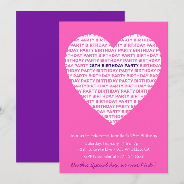 Invitation Girly 28e anniversaire Girl Heart Pink (Devant / Derrière)