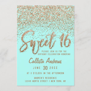 Invitation Girly Aqua Turquoise or parsemé Parties scintillan