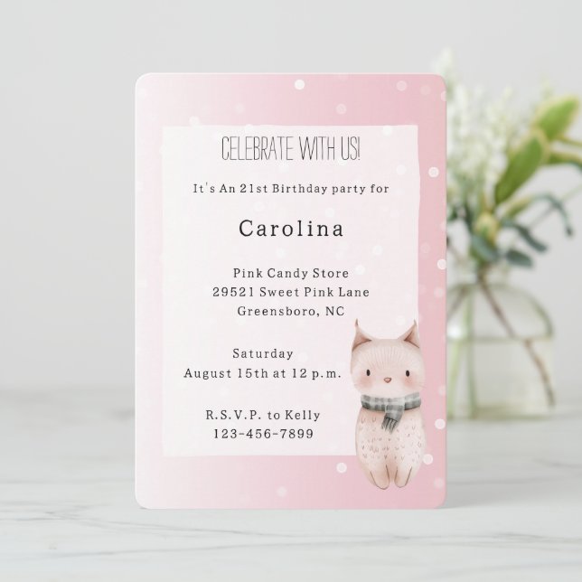 Invitation Girly Blush Pink White Dots Cat Birthday (Debout devant)