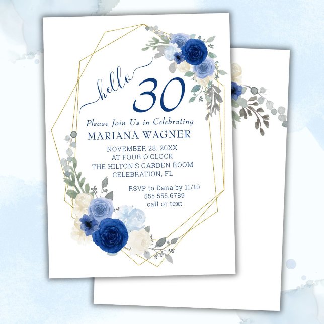 Invitation Girly Chic Navy Blue Floral 30e anniversaire (Créateur téléchargé)