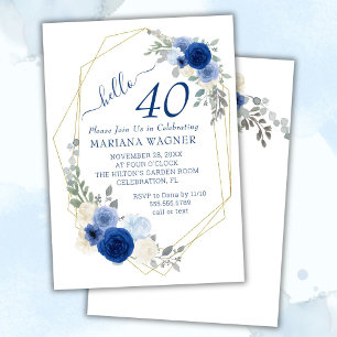 Invitation Girly Chic Navy Blue Floral 40e anniversaire