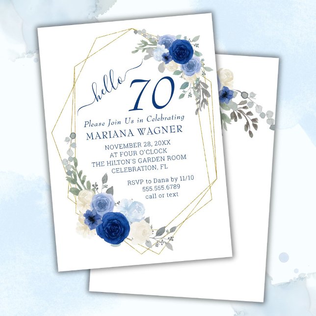 Invitation Girly Chic Navy Blue Floral 70e anniversaire (Créateur téléchargé)