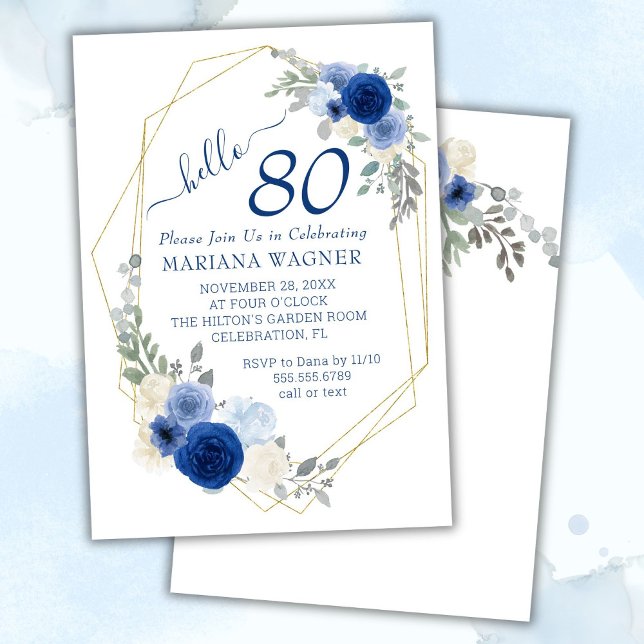 Invitation Girly Chic Navy Blue Floral 80e anniversaire (Créateur téléchargé)