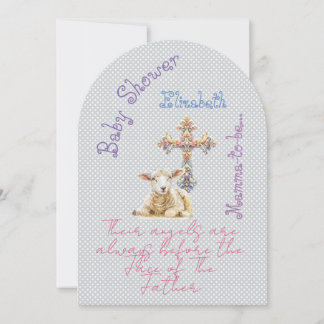 Invitation Girly Christian Grey Mauve Lamb Pastel Cross 