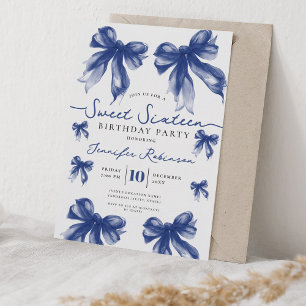 Invitation Girly Coquette Bow Sweet 16 Anniversaire Bleu Nuit