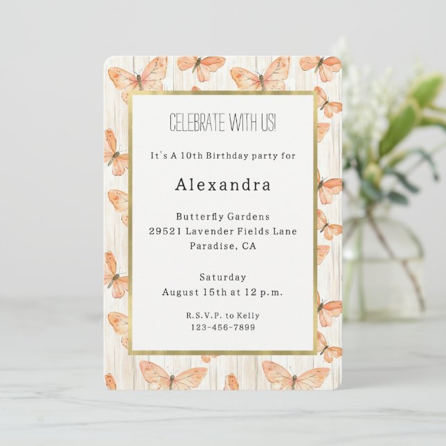 Invitation Girly Cream Peach Butterflies Birthday (Debout devant)