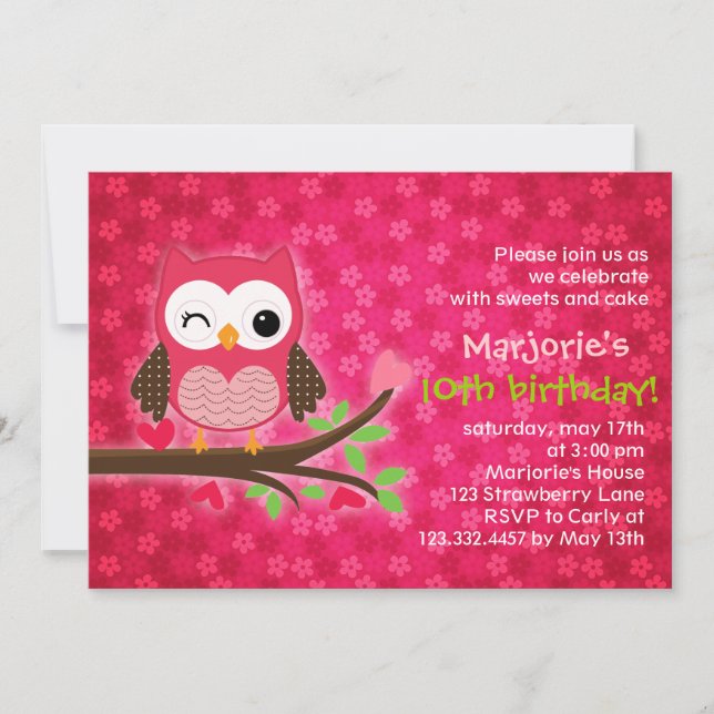 Invitation Girly de fête d'anniversaire de hibou (Devant)