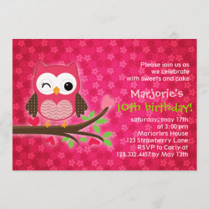 Invitation Girly de fête d'anniversaire de hibou