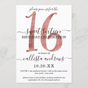 Invitation Girly Faux Rose Gold WhiteGlitter Sweet 16