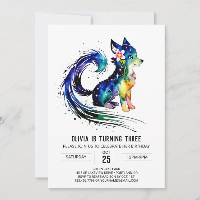 Invitation Girly Forest Wolf Digital Girl Anniversaire (Devant)