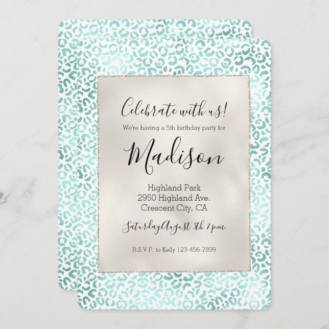 Invitation Girly Glam Mint Empreinte de léopard (Devant / Derrière)