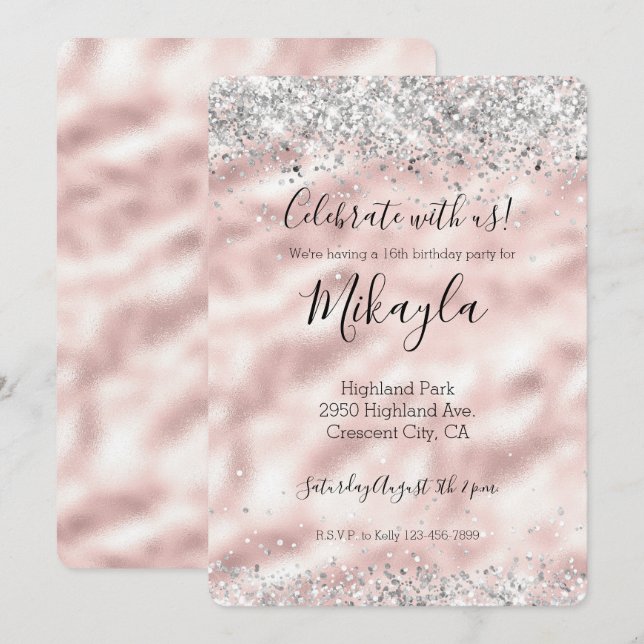Invitation Girly Glam Rose Pailleté Brillant Confetti (Devant / Derrière)