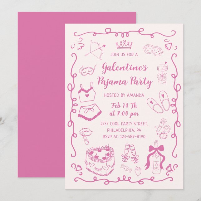 Invitation Girly Pink Hand Drawn Galentine's Pajama Party (Devant / Derrière)