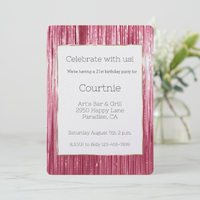 Invitation Girly Pink Tinsel Stripes 21e anniversaire (Debout devant)