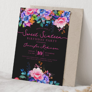 Invitation Girly Rainbow Floral Sweet 16 Anniversaire Noir 