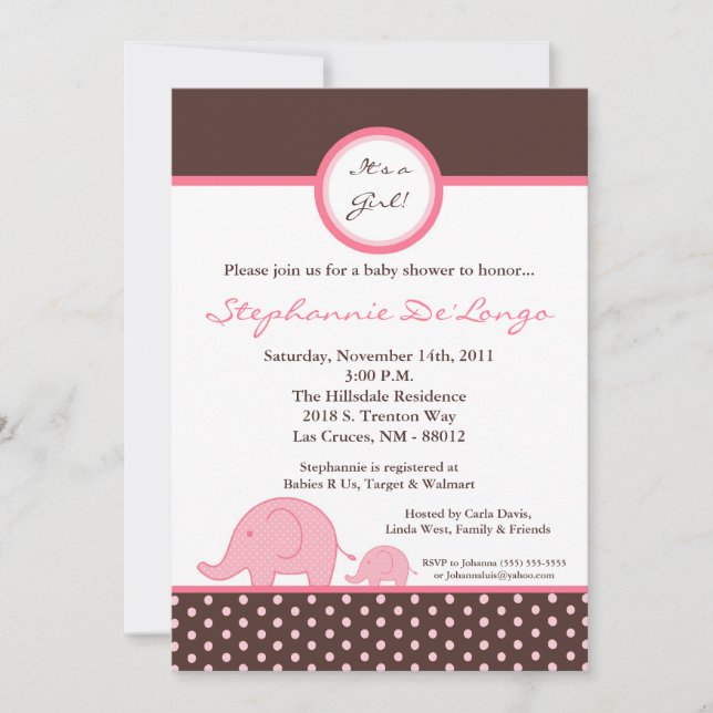 invitation Girly rose de baby shower d'éléphant de (Devant)