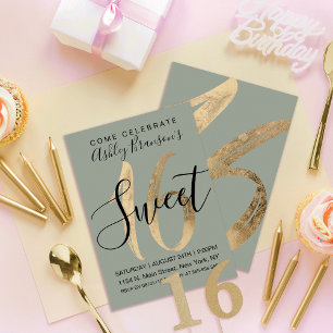 Invitation Girly Sage Green Faux Gold Foil Sweet 16