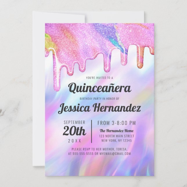 Invitation Girly Unicorn Holographic Parties scintillant Drip (Devant)