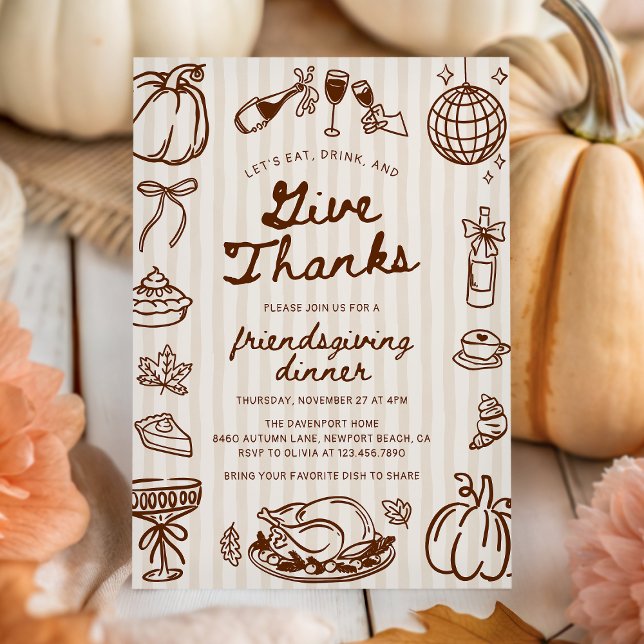 Invitation Give Thanks Hand Drawn Doodle Friendsgiving Dinner (Créateur téléchargé)
