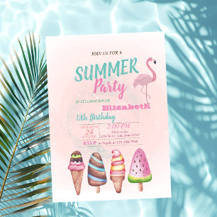 Invitation Glace à l'aquarelle, Fête d'anniversaire des flama