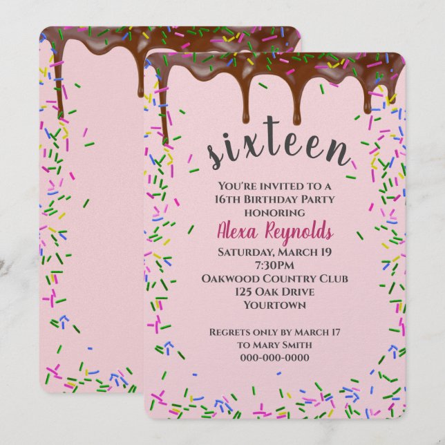 Invitation Glace au chocolat avec arrosage pour 16e anniversa (Devant / Derrière)