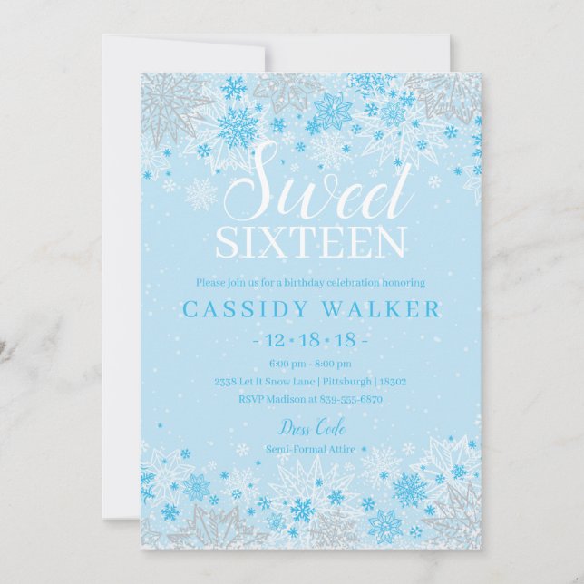 Invitation Glace Blue Snowflake hiver Wonderland Sweet sixtee (Devant)