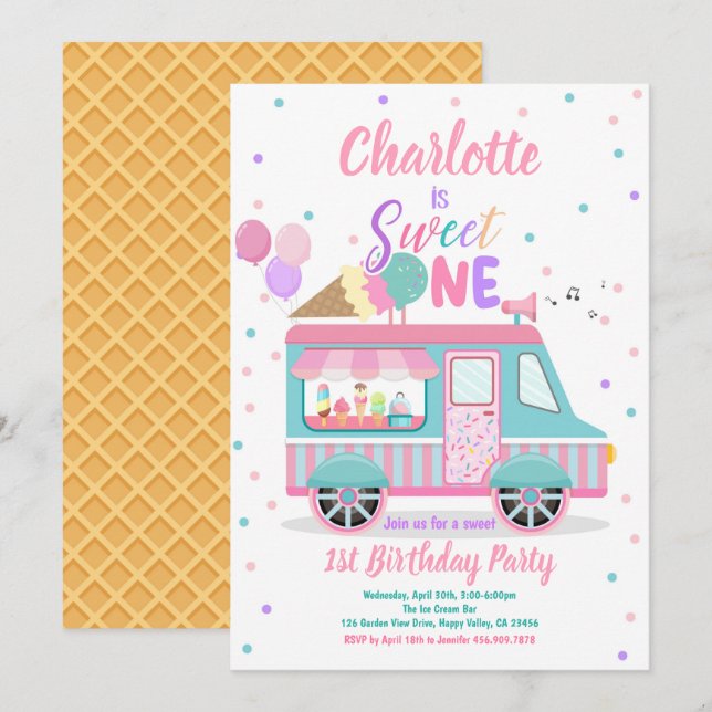 Invitation Glace Cream Truck Sweet Un 1er anniversaire fête (Devant / Derrière)