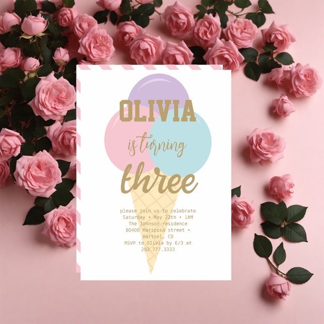 Invitation Glace Crème Or Foil Calligraphie Anniversaire (Créateur téléchargé)