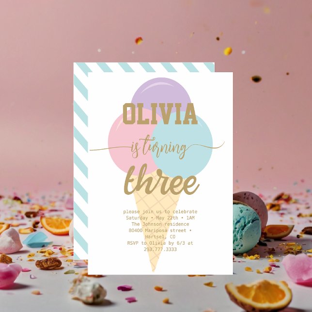 Invitation Glace Crème Or Foil Calligraphie Anniversaire (Créateur téléchargé)