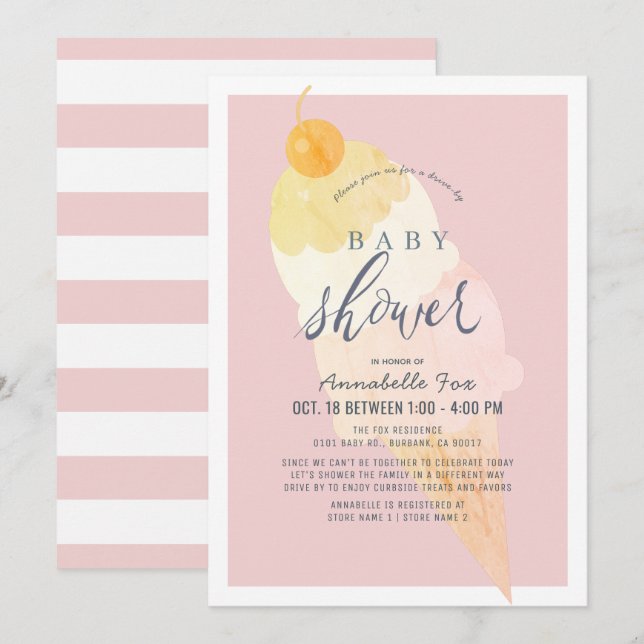 Invitation Glace Crème rose Girl Baby shower Drive-by (Devant / Derrière)