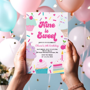 Invitation Glace et gâteau Nine est un doux 9e anniversaire