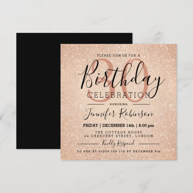 Invitation Glam 30th Birthday Rose Parties scintillant or Pei (Devant / Derrière)