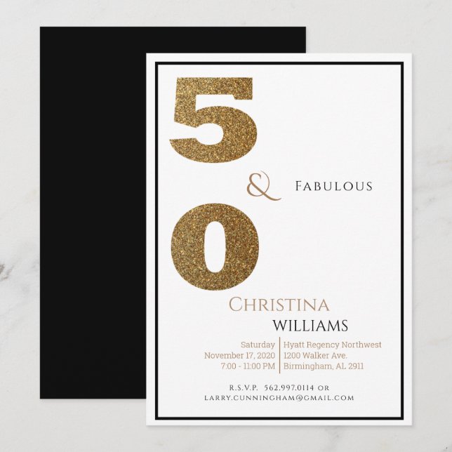 Invitation Glam 50 & Fabulous Black & Gold Birthday (Devant / Derrière)
