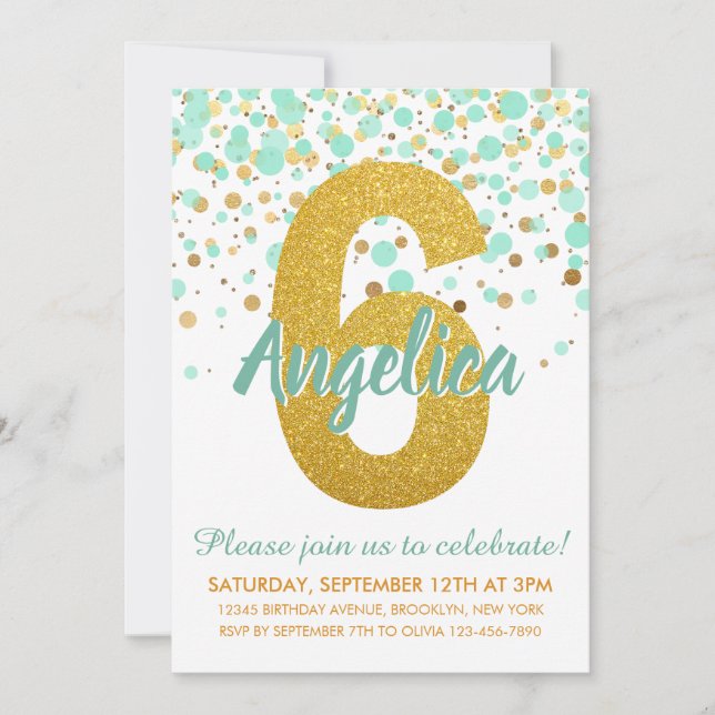 Invitation Glam 6e Anniversaire Monnaie verte Parties scintil (Devant)