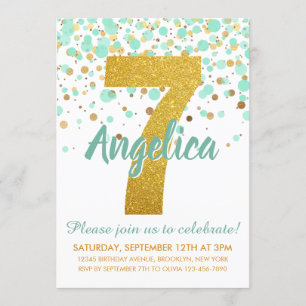 Invitation Glam 7e anniversaire Mint Green Gold Parties scint