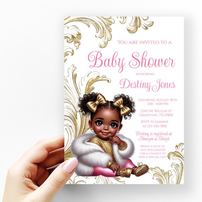Invitation Glam Afro Baby Girl Baby shower or rose (Créateur téléchargé)