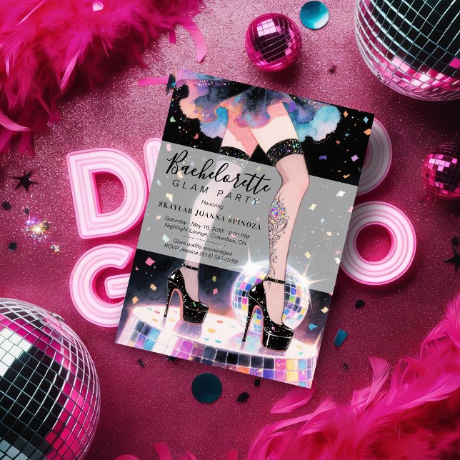 Invitation Glam and Funny Go-go Dancing Disco Bachelorette (Glam and Funny Showgirl Dancing Disco Wedding Bachelorette Party Invitations Cards.)