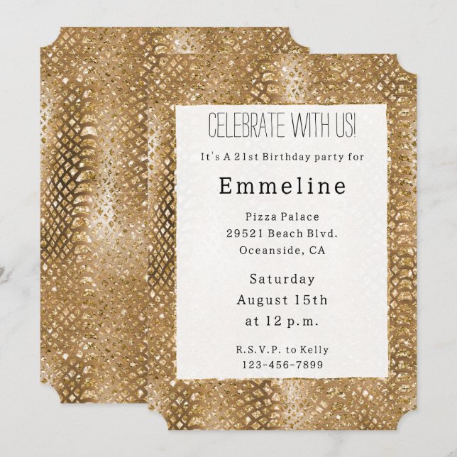 Invitation Glam animal de la peau de serpent glacé or (Devant / Derrière)