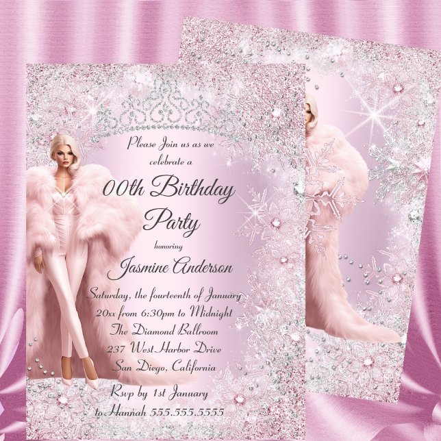 Invitation Glam Anniversaire rose argent hiver Wonderland Tia (Créateur téléchargé)