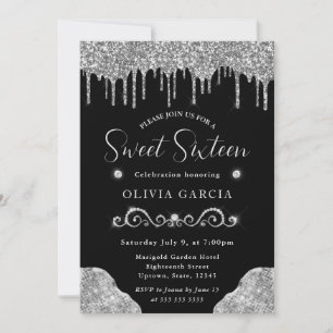 Invitation Glam Argent Paillettes qui dégoulinent Sweet 16