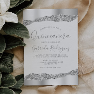 Invitation Glam Argent Paillettes Strass Quinceañera