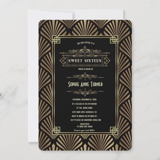 Invitation Glam Art déco Black Gatsby Sweet sixteen des année (Devant)