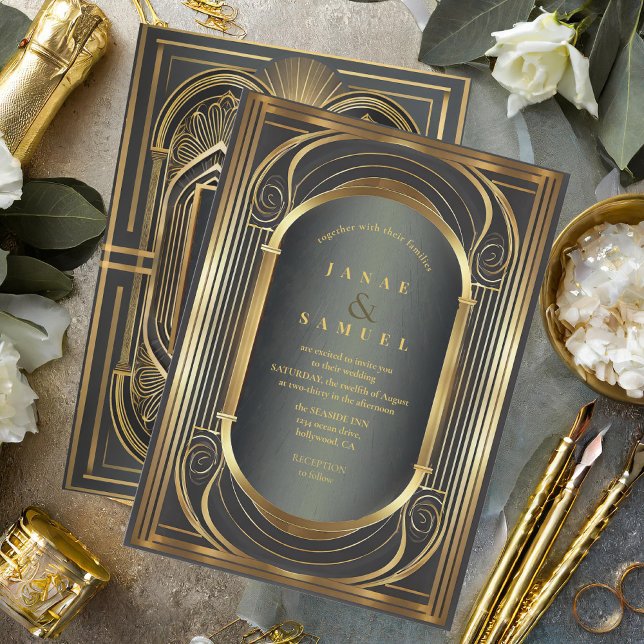 Invitation Glam Art Deco Mariage Noir/Or ID1033 (Créateur téléchargé)