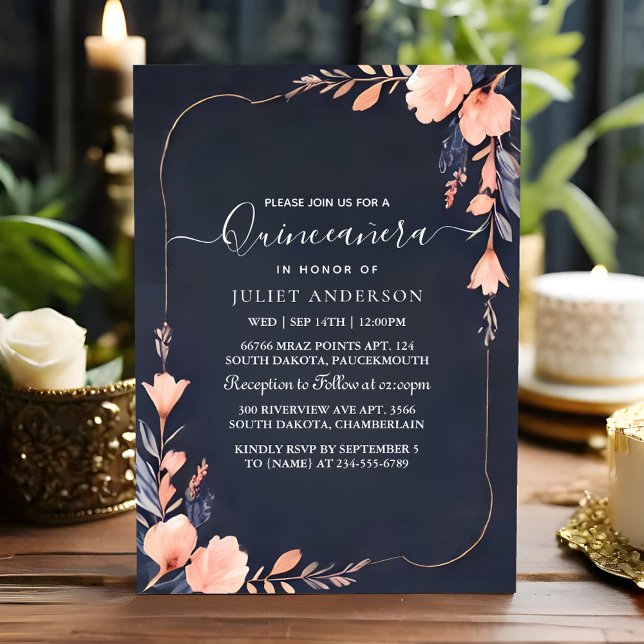 Invitation Glam Ball Gown Spark Dark Navy Blue Quinceanera (Créateur téléchargé)