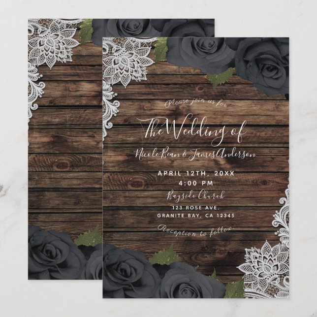 Invitation Glam Black Floral Rose Rustique Mariage de dentell (Devant / Derrière)