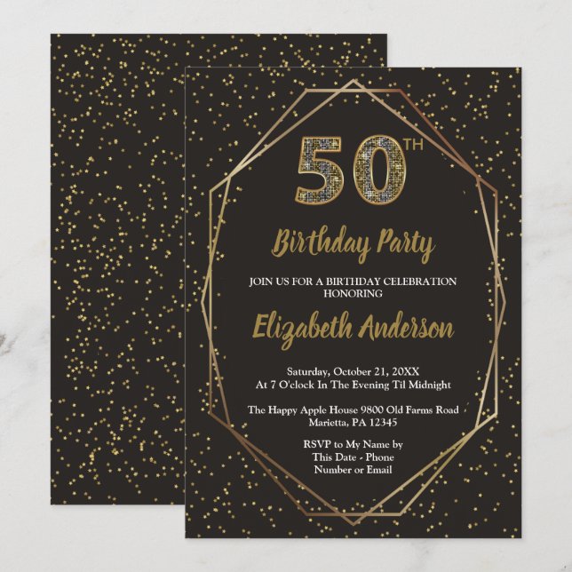 Invitation Glam Black Gold 50th Birthday Party (Devant / Derrière)