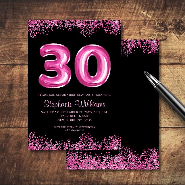 Invitation Glam Black Pink Foil 30e fête d'anniversaire (Add your event details to personalize.  Matching items available in the collection.)